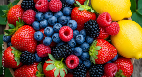 Fresh Mixed Berries and Lemons Brightly Colored in Natural Light