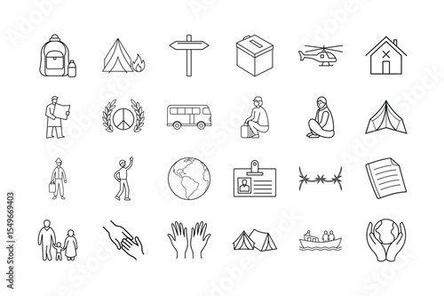Refugee Crisis and Humanitarian Aid Icon Set. Featuring Emergency Relief, Migration, Shelter, Peace, Refugee Camps, Health Aid, Family Support, and more, thin linear illustration,