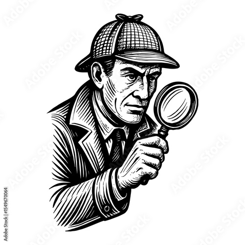 Detective with Magnifying Glass Black and White Outline Line Art Drawing Illustration Detective Work