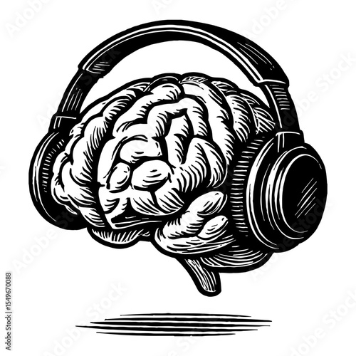 Brain Wearing Headphone Listening Music Black and White Outline Line Art Drawing Illustration
