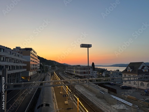 Horgen Oberdorf Bahnhof (Train station) at Sunset, Kanton Zurich, Switzerland