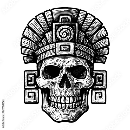 Skull with Aztec Headdress Black and White Outline Line Art Drawing Illustration Design