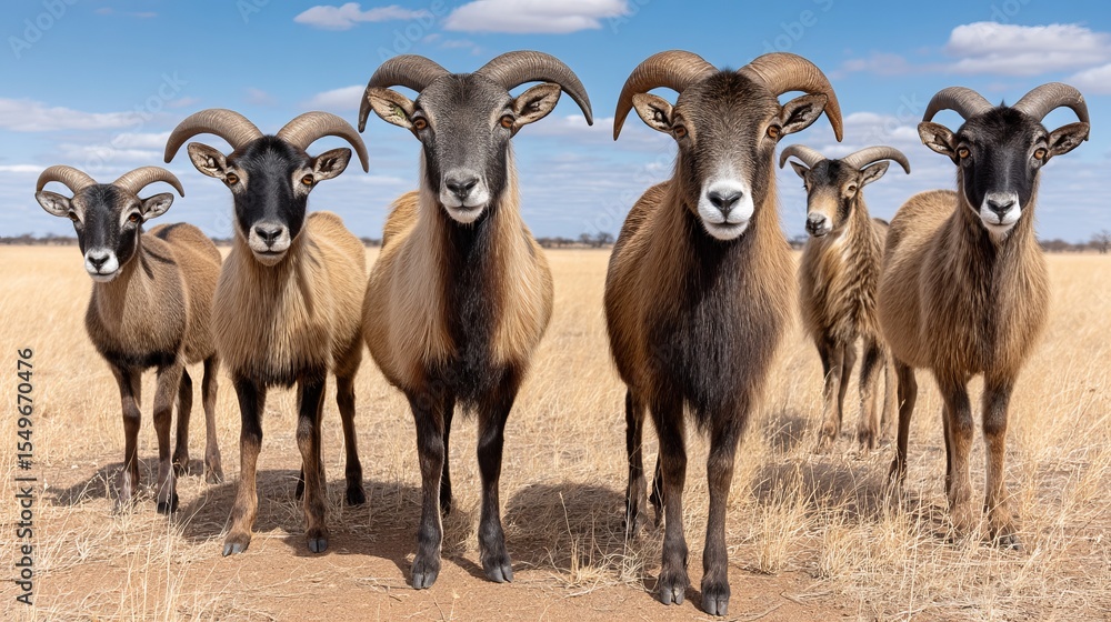 Fototapeta premium Group of six goats standing on dry grassland under a blue sky