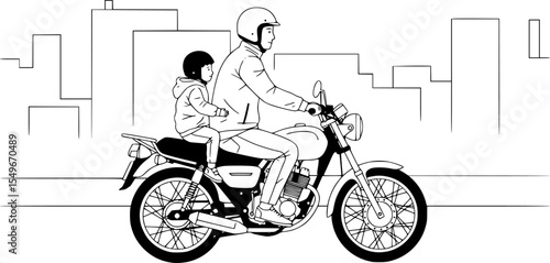 black and white graphic illustration of a man riding a motorcycle with a child passenger, highly detailed, photorealistic style
