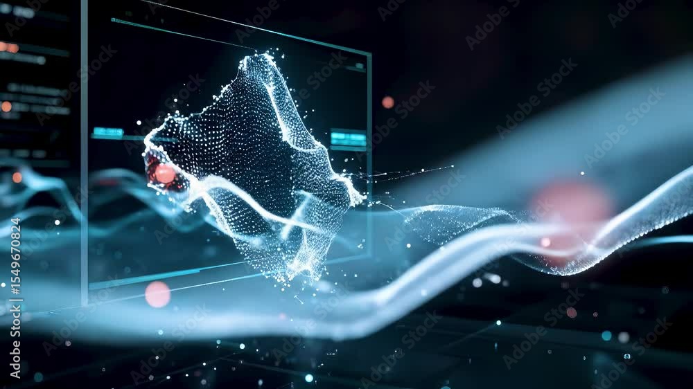 3D render of futuristic glowing nano material mesh with dynamic data, animated self healing material in digital simulation and advanced scientific analysis.
