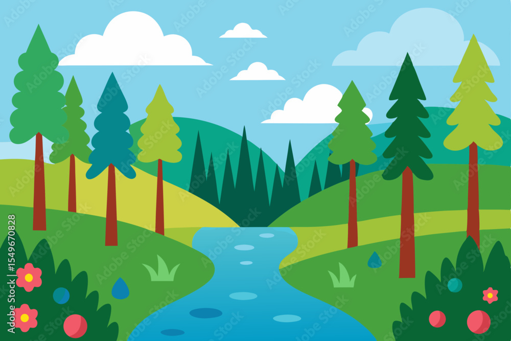 Obraz premium Beautiful summer landscape with a green forest, trees, and mountains under a blue sky with clouds