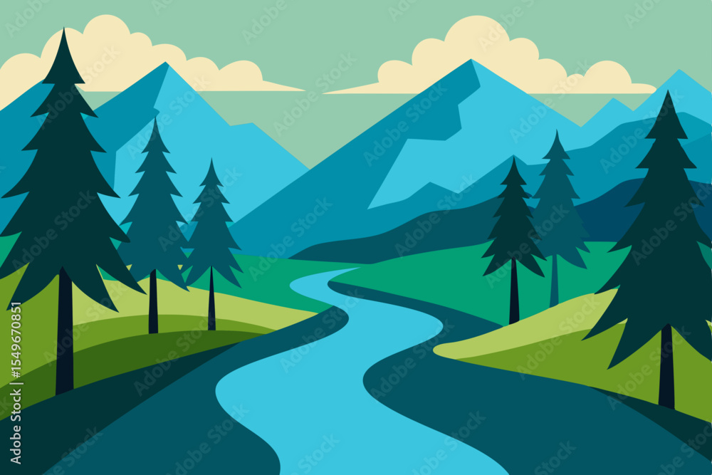 Fototapeta premium A picturesque mountain road winds through a lush green summer landscape, framed by towering peaks, a clear blue sky, and a dense pine forest