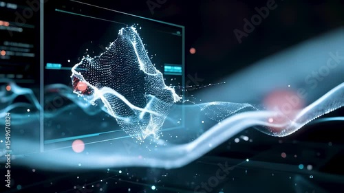 3D render of futuristic glowing nano material mesh with dynamic data, animated self healing material in digital simulation and advanced scientific analysis.