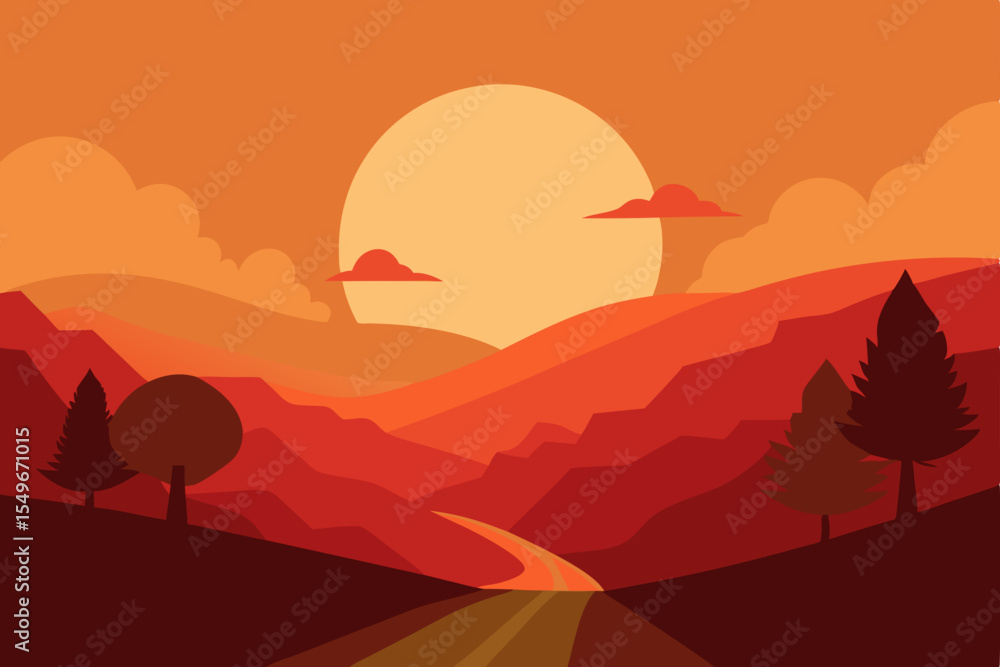 Fototapeta premium Vibrant autumn mountain landscape at sunset with a beautiful orange sky and distant clouds, illustrating nature's stunning horizon