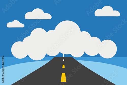 Empty highway stretches toward the horizon, a clear asphalt path leading into a vast sky dotted with clouds, symbolizing travel and direction