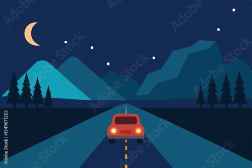 Retro cartoon illustration of a car driving on a city road at night, with trees and buildings under a starry sky