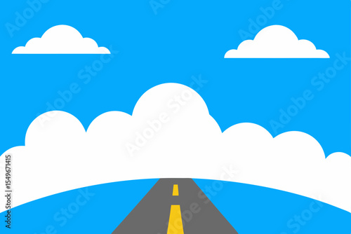 Mountain road to the blue sky, with sun rays piercing through the clouds