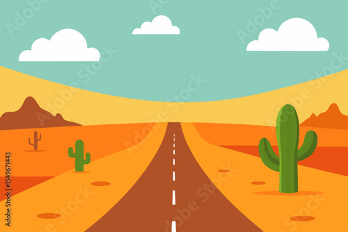 Desert road at sunset, a summer landscape vector illustration with mountains and a lone cactus silhouetted against an orange sky