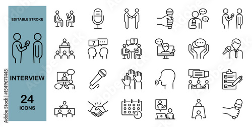 Interview and Media Icon Set — Job and Communication. Editable stroke. Vector illustration.