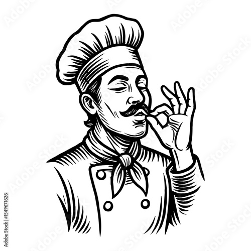 Chef Cook Kissing Finger Delicious Gesture Black and White Outline Line Art Drawing Illustration