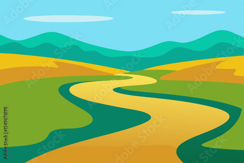 Rolling green hills and a bright blue sky with fluffy clouds perfectly capture the essence of a serene summer landscape with a winding road leading to the horizon