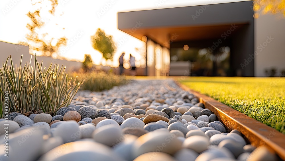Fototapeta premium Pebble pathway leading to modern home