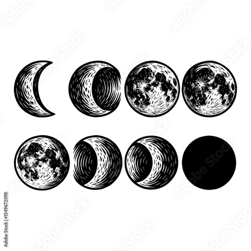Lunar Phases Astrological Cycle Moon Phases Black and White Outline Line Art Drawing