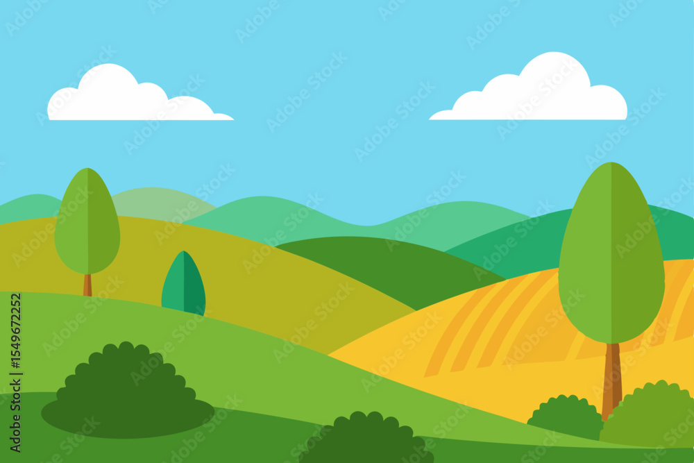 Obraz premium Green summer landscape with trees, hills, and mountains under a blue sky with clouds