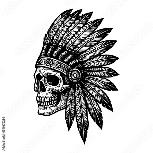 Skull with Feather Hat Detailed Black and White Outline Line Art Drawing