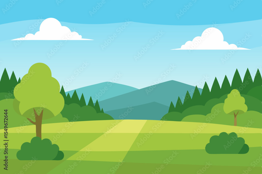 Obraz premium A vibrant cartoon landscape illustration of green hills and a sunny meadow with trees, mountains, and clouds under a blue sky