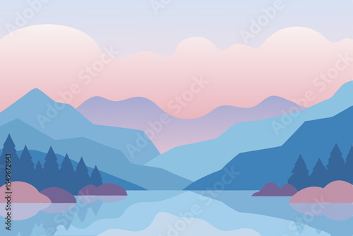 Misty winter mountain landscape with a serene lake view under a blue sky, ideal for nature illustrations