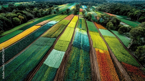 Aerial View of Colorful Farmland: A breathtaking aerial shot reveals vibrant stripes of various crops creating a stunning patchwork of colors across a vast farmland.