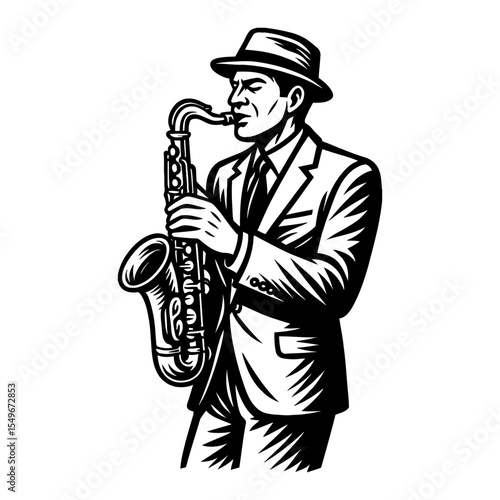 Man in Suit and Hat Playing Saxophone Black and White Outline Line Art Drawing Illustration