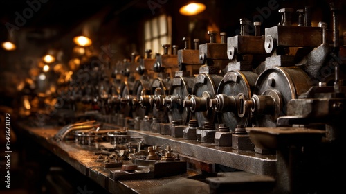 A row of old machines with many nuts and bolts