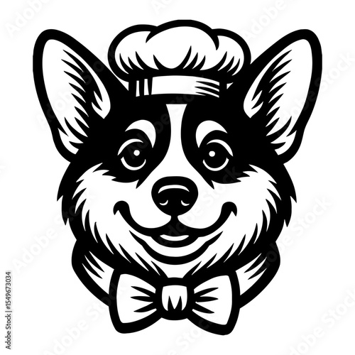 Corgi Dog Chef with Hat and Bow Tie Black and White Outline Line Art Drawing Illustration
