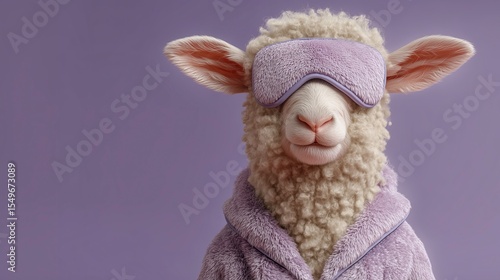Cute sheep wearing a sleep mask and bathrobe on purple background  