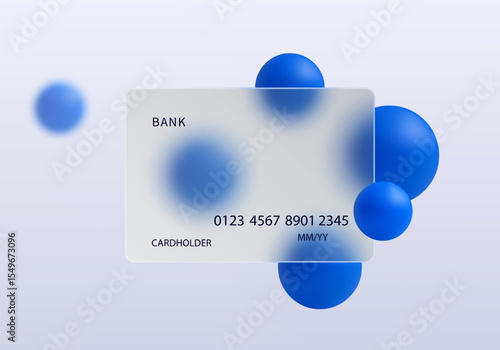 Clean vector illustration of a transparent credit card in glass morphism style with vibrant cobalt blue spheres on a soft light background.