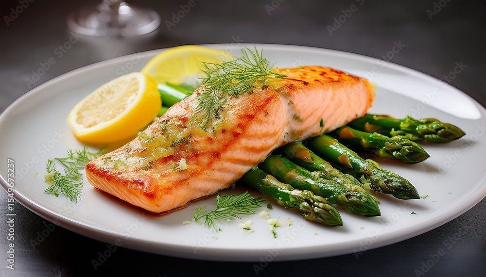 grilled salmon fillet with asparagus lemon slices and herb butter served on white plate elegant restaurant presentation grilled salmon fillet with asparagus lemon slices and herb butter served on white plate elegant restaurant presentation