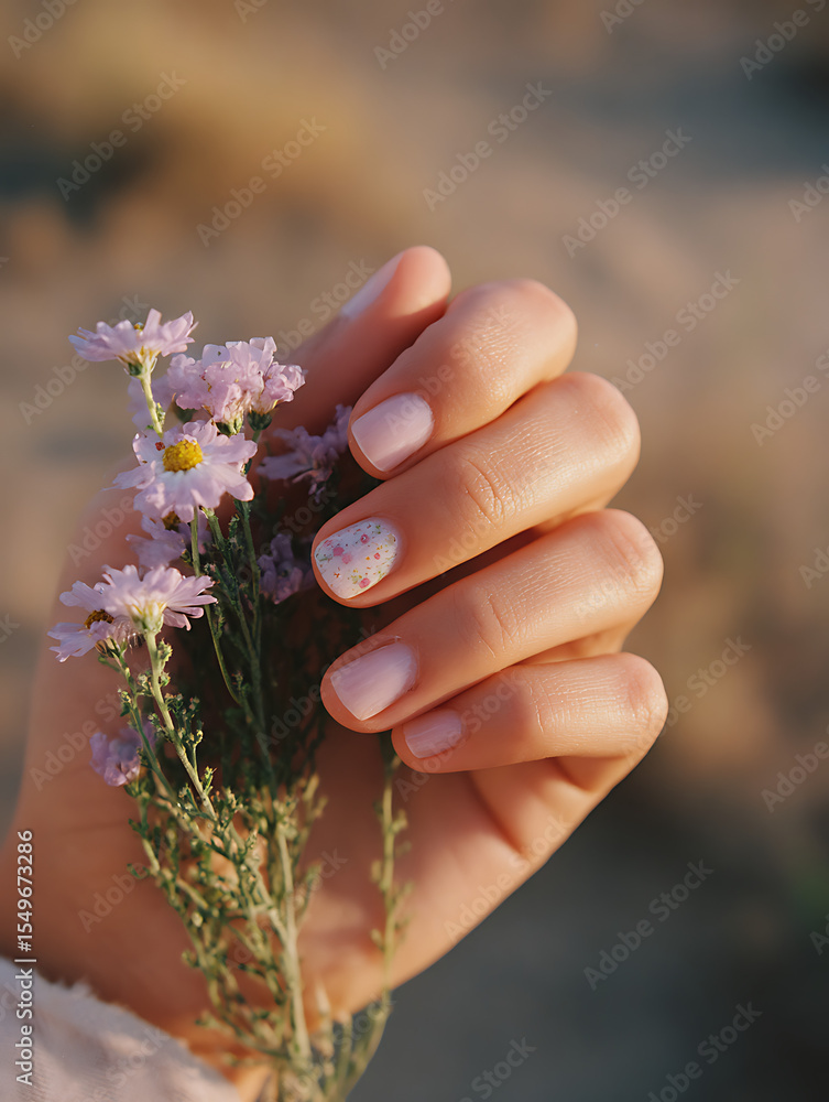 Fototapeta premium Minimal pink floral nails holding purple wildflowers in natural sunlight