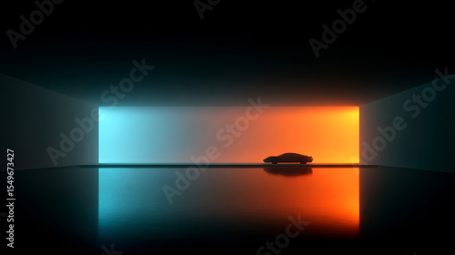 The car is parked in the middle of the room where light and shadow interweave