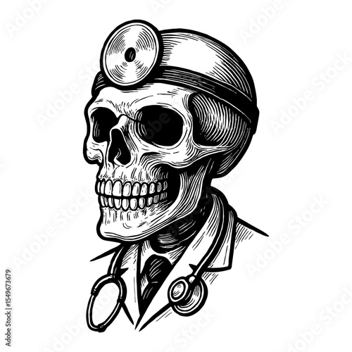 Skull Wearing Doctor Medical Equipment Head Mirror Black and White Outline Line Art Drawing