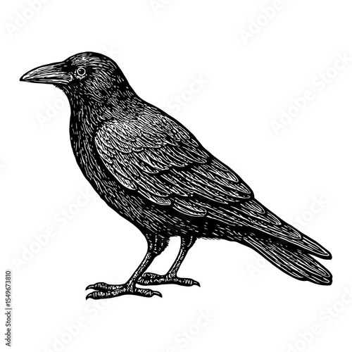 Black Bird Standing Side View Black and White Outline Line Art Drawing Illustration