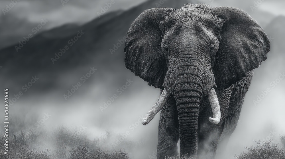 Naklejka premium Majestic Elephant in Monochrome: A captivating monochrome shot of a giant elephant, tusks gleaming, strides forward with imposing presence and strength, set against a background of misty mountains.
