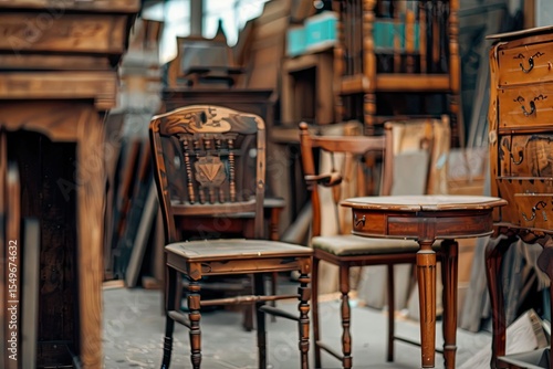 Ultra Quality Image of Used Wooden Furniture Displayed at a Thrift Shop