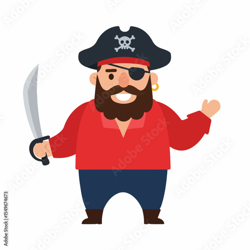 Jolly pirate with saber and eyepatch. Friendly pirate character illustration with red shirt and dark pants.  Pirate character perfect for children's book, cartoon, or game design.