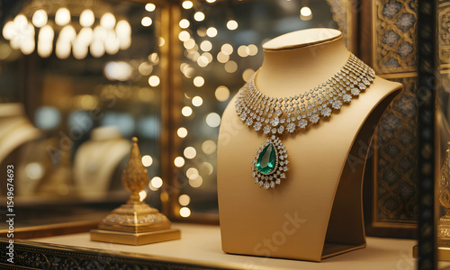Elegant Diamond and Emerald Necklace on Display