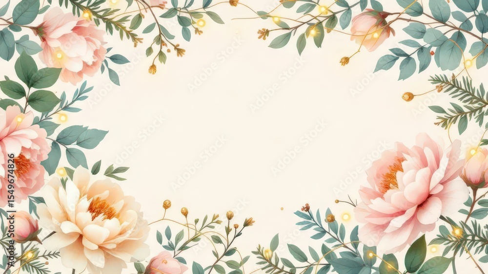 Obraz premium Watercolor Floral Frame with Beautiful Flowers and Green Leaf Pattern