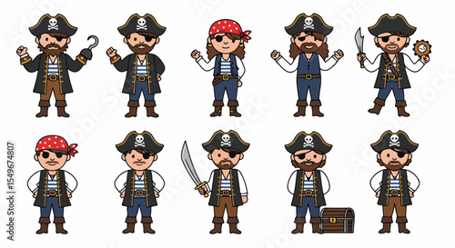 Collection of cartoon pirates.  Set includes male and female pirates with various accessories such as hook, sword, and treasure chest.  Pirate characters perfect for children's books, illustrations,