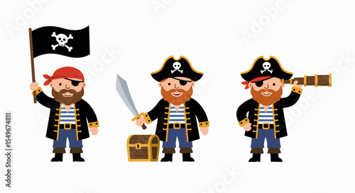 Three cartoon pirates, one holding Jolly Roger flag, another with sword and treasure chest, third using spyglass.  These fun pirate illustrations are perfect for children's books, party invitations,