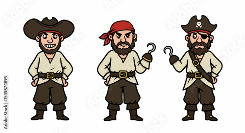 Three cartoon pirates with different expressions and accessories.  One pirate has a wide smile, another scowls, and the third has an eyepatch and hook.