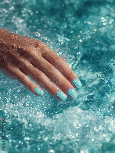 Sparkly turquoise nail polish on wet hand in shimmering blue water