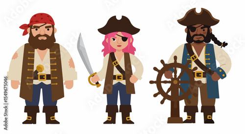 Three cartoon pirates illustration.  A male pirate with a beard, a female pirate with pink hair, and another male pirate with a darker complexion holding a ship's wheel.