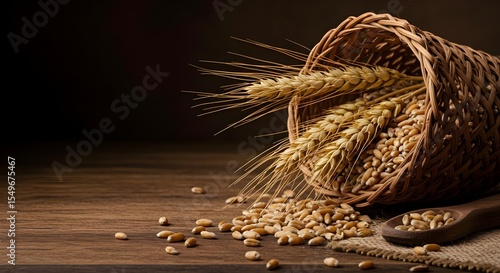 Wheat, Grains, Barley, Wheat Grains in a Basket on Wooden Table