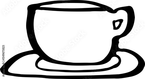 Minimalist hand-drawn illustration of a flat coffee latte cup with matching saucer black line art style