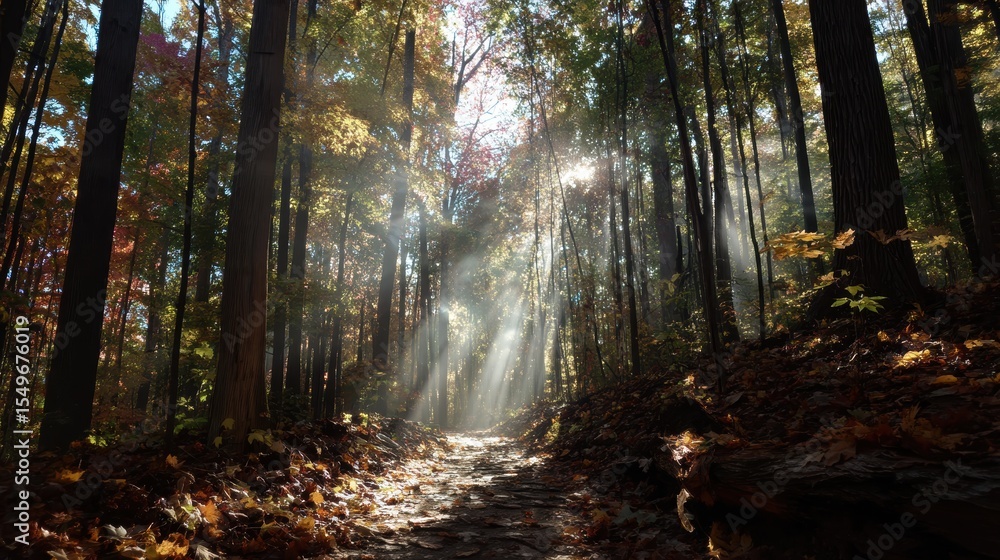 Fototapeta premium Sunlight beams through autumn maple canopy onto leaf-covered trail